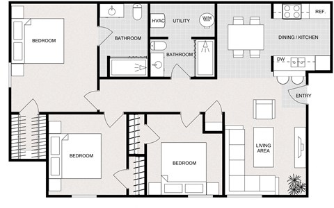 Floor plan for 3 beds, 2 baths, 1008 sqft